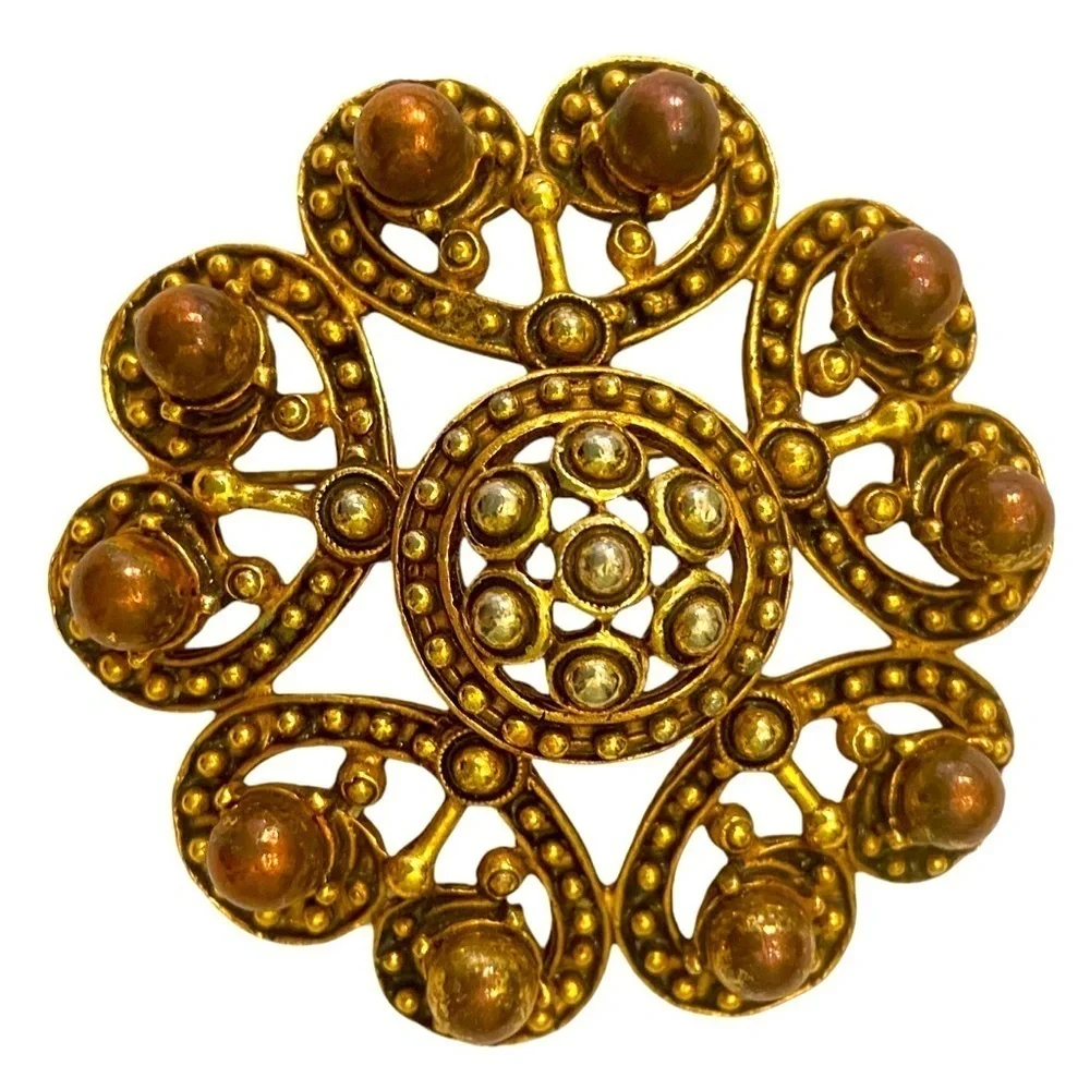 Vintage Florenza antique gold & bronze faux pearl round heart brooch marked